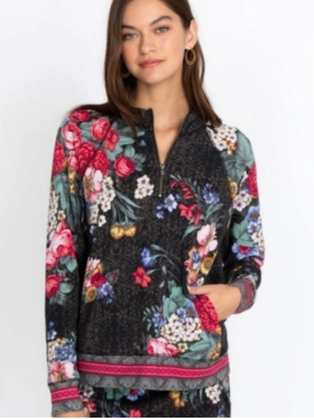 Johnny Was Onyx Sistine Floral Half Zip Top